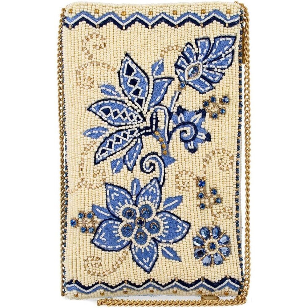 Beaded Floral Crossbody Cell Phone Bag Clutch Vegan Friendly Ivory Blue